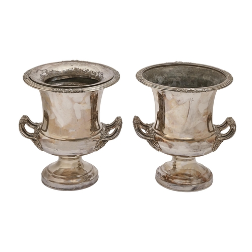 357 - A pair of Sheffield plate wine coolers,  19th c, crested on a silver reserve, 26cm h by Waterhouse &... 