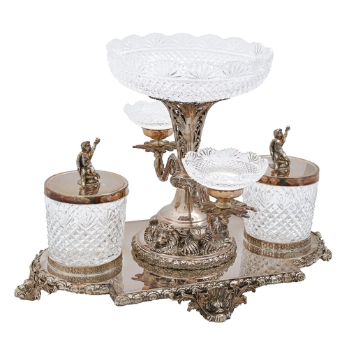 359 - A plate and cut glass epergne, decorated with lions, flanked by a pair of cut glass ice buckets, the... 