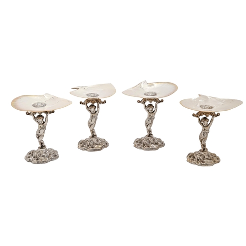 360 - A set of four silver plated figural comports, T Goode & Co,  with mother-of-pearl dish , three s... 