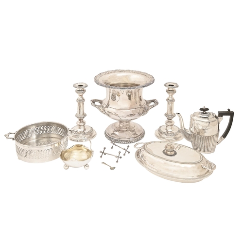 373 - Miscellaneous plated ware, to include a campana shaped wine cooker, pair of 29th c telescopic candle... 