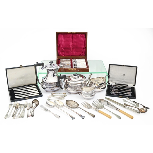 377 - Miscellaneous plated ware,  to include a four piece tea service, early 20th c and set of mother of p... 