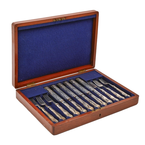 388 - A set of twelve George V mother-of-pearl hafted silver dessert knives and forks, by Mappin & Web... 