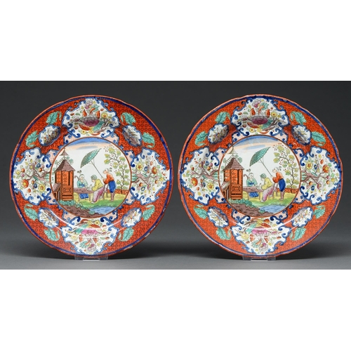 394 - A pair of Staffordshire pearlware chinoiserie  plates, c1810, transfer printed and enamell... 