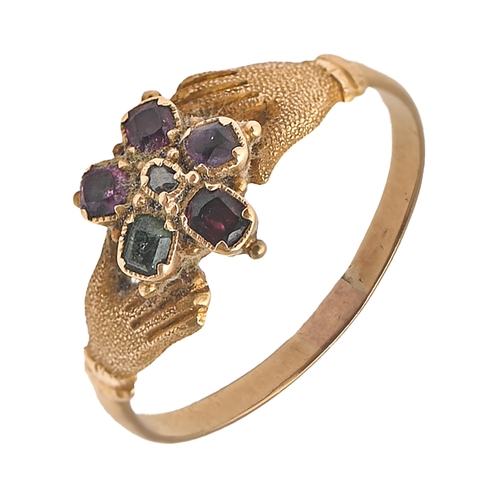 4 - A Victorian 'regard' ring,  in gold with finely chased lady's hand shoulders, 2.1g, size P... 