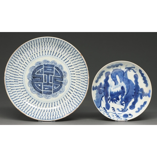 400 - Two Chinese blue and white dishes, 19th c, painted with shou character and a dragon, 20 and 27.5cm d... 