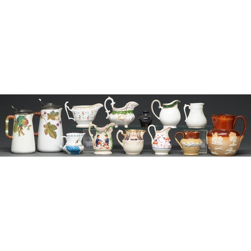 425 - Miscellaneous English pottery and porcelain cream and other jugs, mostly 19th c, two pewter-mounted,... 