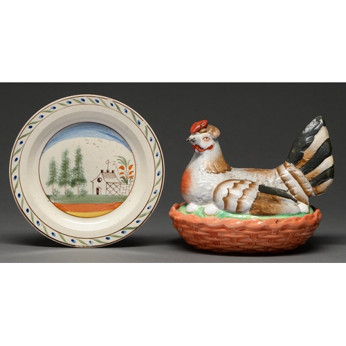 433 - A British pearlware plate, c1800,  decorated in the Pratt palette with tree and a house, 21cm diam a... 