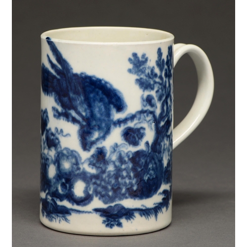 437 - A Worcester blue and white mug, c1780-1785, transfer printed with the Parrot Pecking Fruit patt... 