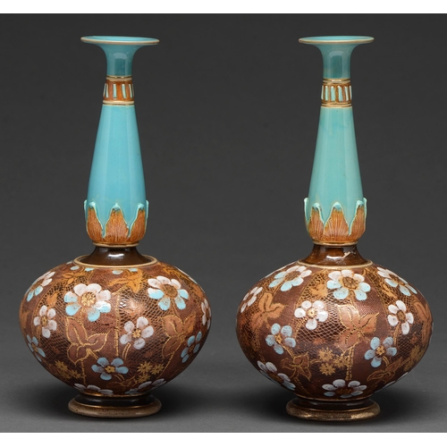 442 - A pair of Doulton Lambeth ware bottle vase, c.1900, with chine gilt decorated ovoid body, the neck o... 