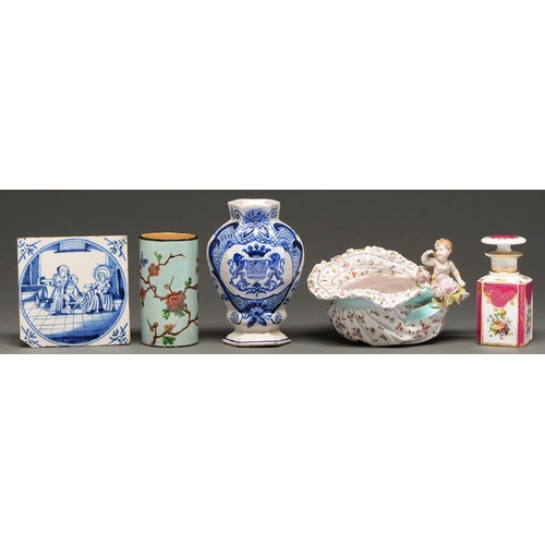 443 - A Dutch Delftware biblical tile and vase, 18th c and later,  vase 16.5cm h, a German porcelain ... 