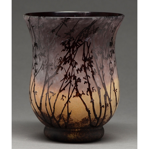 445 - Studio glass. A purple and yellow graduated vase, late 20th century, etched in relief with stylised ... 