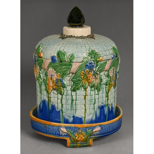 459 - A majolica moulded cheese dish, second half of 19th c, moulded with a band of flowers and leaves ato... 