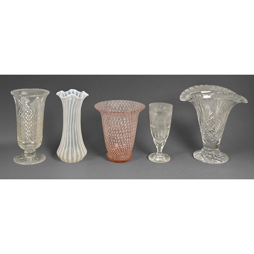 465 - Five glass vases, 19th century and later, to include cut glass, a fluted opalescent vase, and a bell... 