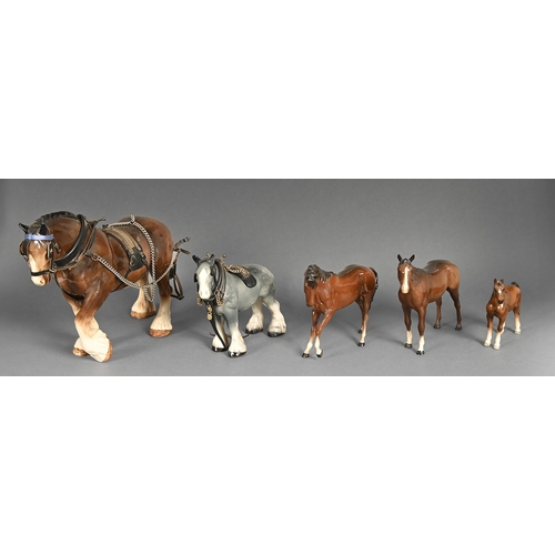 467 - Two Beswick models of horses and one of a foal and two Melba shire horses, late 20th century, the ta... 