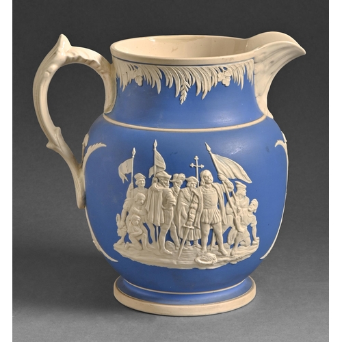 469 - A Copeland earthenware Columbus Quadricentennial stoneware jug, c.1892, sprigged on both sides with ... 