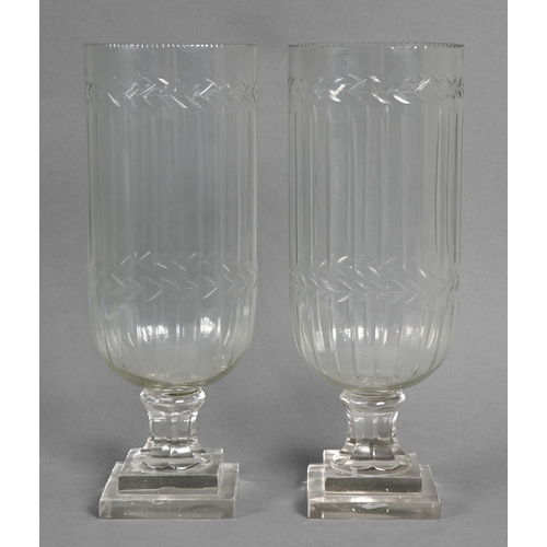 474 - A pair of cut glass lamps on square bases, early 20th century, 40cm h (2)