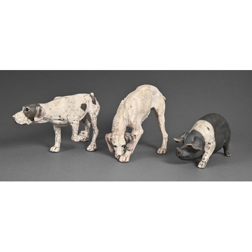 475 - Two Keza Rudge studio models of gun dogs and a similar studio pottery saddle back pig with raku glaz... 