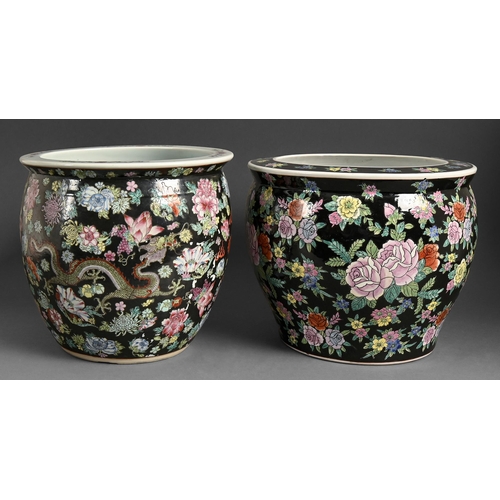 480 - A pair of Chinese reproduction famille noire fish bowls, late 20th c, 27cm h (2)