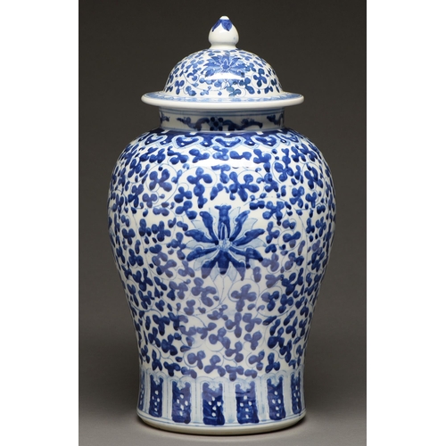 481 - A Chinese blue and white vase and cover, 20th century, painted with lotus meander, 49cm h,... 