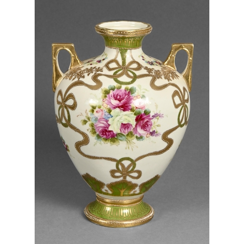 488 - A Noritake vase,  early 20th c, decorated with festoons between apple green borders, 20cm h, printed... 