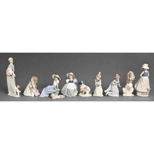 489 - Three Lladro figures and seven Nao figures and animals,  various sizes, printed marks... 