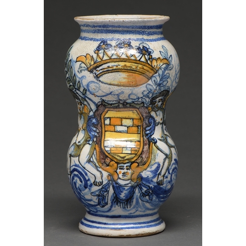 518 - An Italian maiolica albarello or apothecary's wet drug jar, dated 1746, painted in tones of blue, ye... 