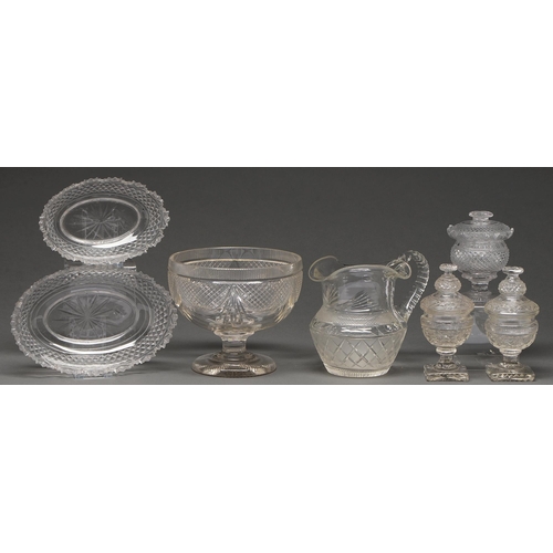 526 - Three cut glass sweetmeat jars and covers, a cut glass comport, jug, and a pair of dishes, second ha... 