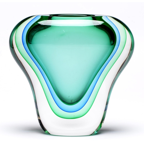 527 - A Signoretti Murano blue and green sommerso vase, c.1994, 21.5cm h, base etched Murano 21-10-1994 Si... 