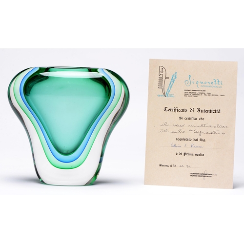 527 - A Signoretti Murano blue and green sommerso vase, c.1994, 21.5cm h, base etched Murano 21-10-1994 Si... 