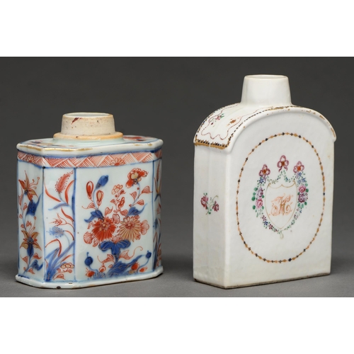 537 - A Chinese Imari tea caddy, Chinese export porcelain tea caddy, mid and late 18ch c,  the second... 