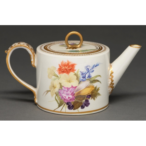 561 - A Derby drum-shaped cabaret teapot and cover, c. 1790, painted by William Billingsley with flowers o... 