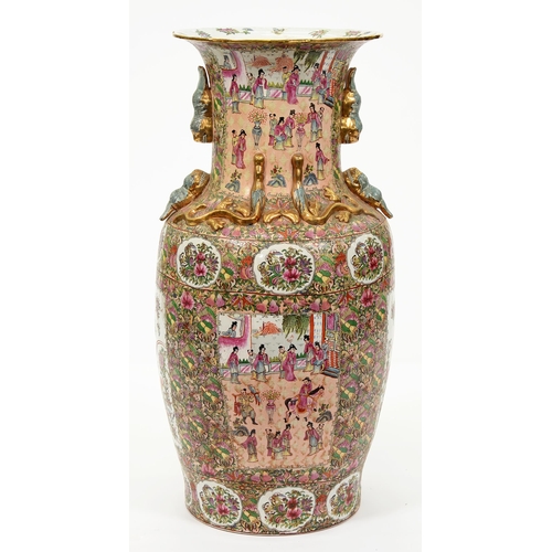 569 - A Chinese famille rose style floor vase, late 20th c, applied with gilt dragons and garden scenes on... 