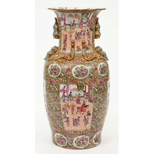 569 - A Chinese famille rose style floor vase, late 20th c, applied with gilt dragons and garden scenes on... 