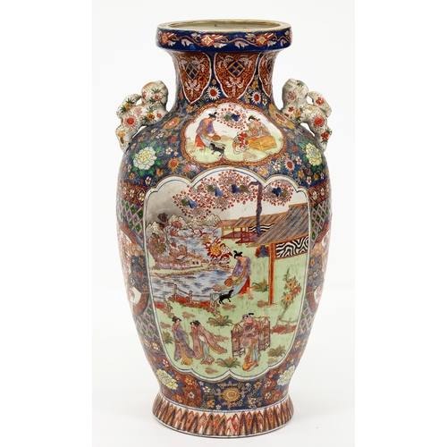 572 - A Chinese Imari floor vase, late 20th c, applied with dogs of Fo, painted with scenes reserved on a ... 