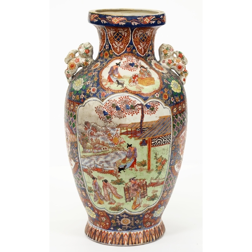 572 - A Chinese Imari floor vase, late 20th c, applied with dogs of Fo, painted with scenes reserved on a ... 