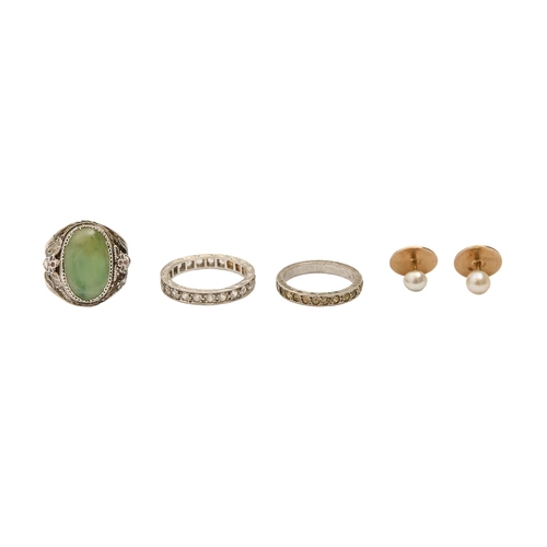 59 - Two white gold eternity rings, a Chinese jade ring in silver and a pair of cultured pearl and gold d... 