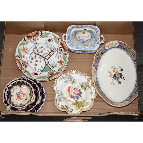 592 - Miscellaneous ceramics, 19th c, to include a pair of Derby Imari saucer dishes, a Minton dish printe... 