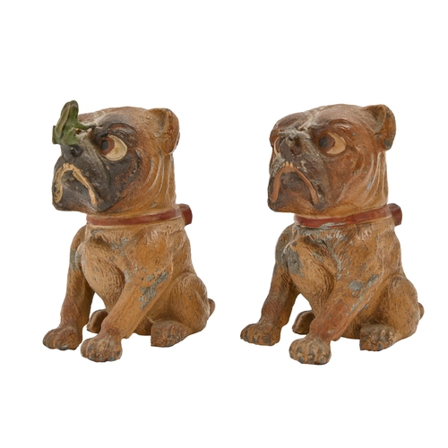 600 - A pair of cold painted miniature bulldog and frog or fly miniature sculptures, c.1900, 80mm h... 