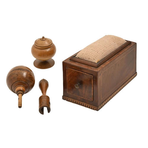 610 - Treen. A Victorian turned boxwood spinning top, inscribed Xmas 1873, contemporary inlaid mahogany se... 