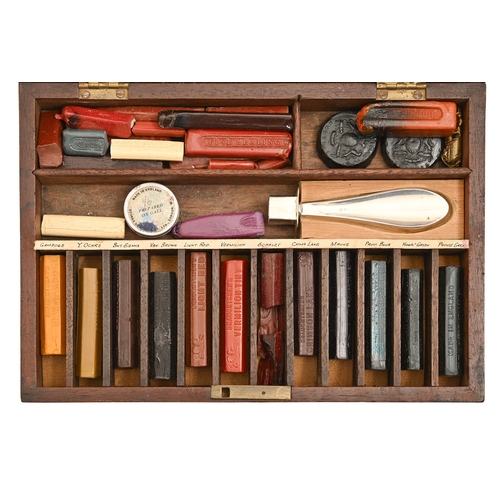 627 - An early 20th c wax sealing set, with silver seal, Birmingham 1913, in brass mounted mahogany fitted... 