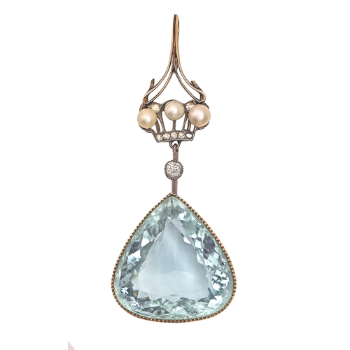 64 - A blue topaz, diamond and pearl pendant, early 20th c,  in gold, fully articulated, 60mm h... 