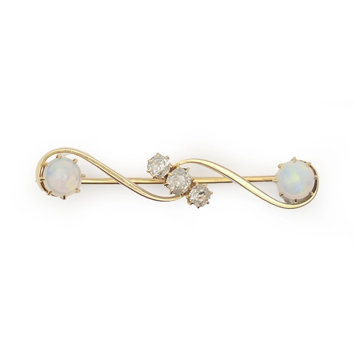 65 - An opal and diamond bar brooch, early 20th c, in gold with gold pin, 46mm l, marked 15ct, 5.7g... 