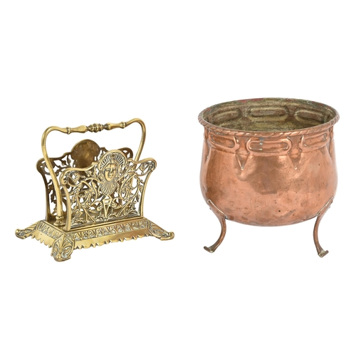 661 - An Arts and Crafts copper tripod jardiniere, late 19th c, 17cm h and a later pierced brass stationer... 