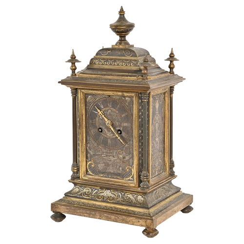 662 - A French brass bracket clock, late 19th c, the case flanked by four pillars with painted  decoration... 