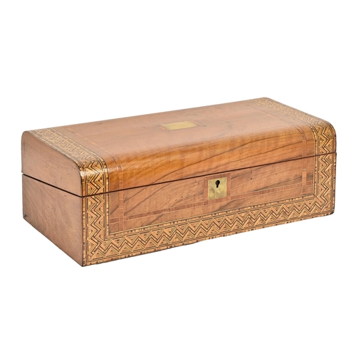 664 - A Victorian brass mounted inlaid walnut and straw work writing box, 17cm h; 50cm x 26cm... 