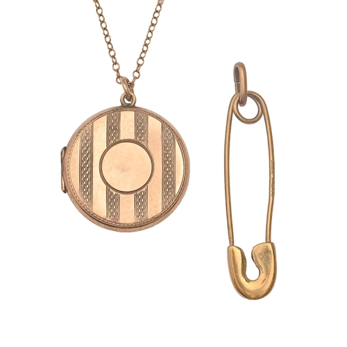 67 - A 9ct gold safety pin,  43mm l, Birmingham 1976 and a gold locket and chain, 8.8g (2)... 