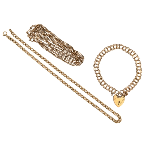 68 - A 9ct gold chain and bracelet, with padlock and a longer gold chain, 36g (3)