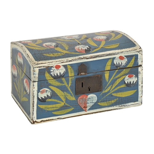 680 - Folk art. A French painted wood box, Normandy, 19th c, with stylised flowers and a heart on white bo... 