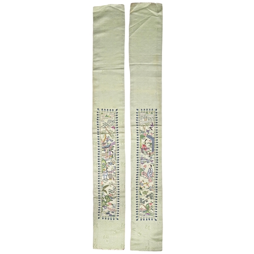 684 - A pair of Chinese silk  embroideries, early 20th c, 104 x 13.5cm, a contemporary Chinese scroll pain... 