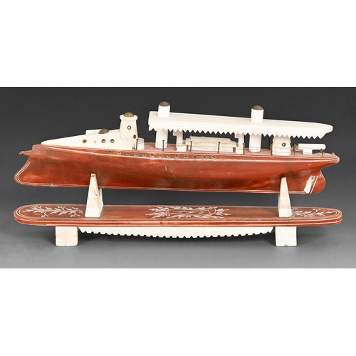 688 - An Italian stained and carved alabaster model of a steam launch, stand signed G. Norfini, 49cm l... 